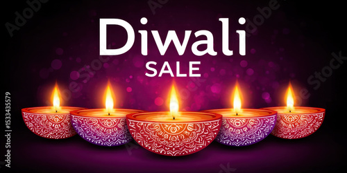 Diwali sale graphic with glowing diyas and intricate rangoli design on dark background creating festive warmth and celebration mood