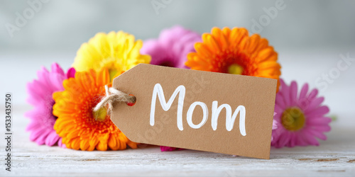 Mom tag with colorful gerbera flowers in warm tones on wooden surface for Mother Day celebration and love