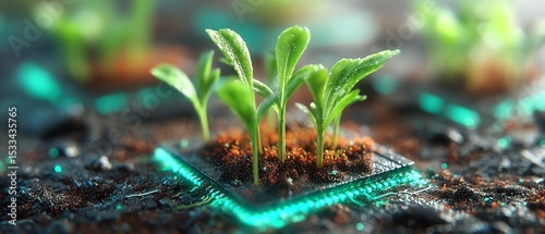 tiny green sprouts growing out of a glowing microchip embedded in dirt, high contrast sci-fi environmental scene