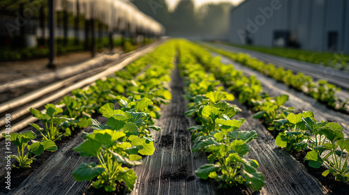 a stretch of white mustard greens ready for harvest in a modern garden, planted in straight rows with a black plastic mulch planting system,