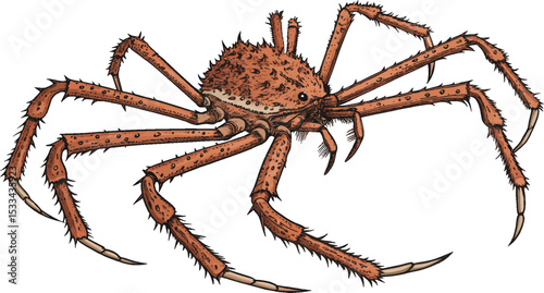 Close-up of a hairy brown sea crab, an isolated crab on a white background