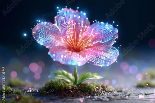 biotech flower blooming with glowing circuit-petal, high-tech organic hybrid, cyber garden style, glowing particles around