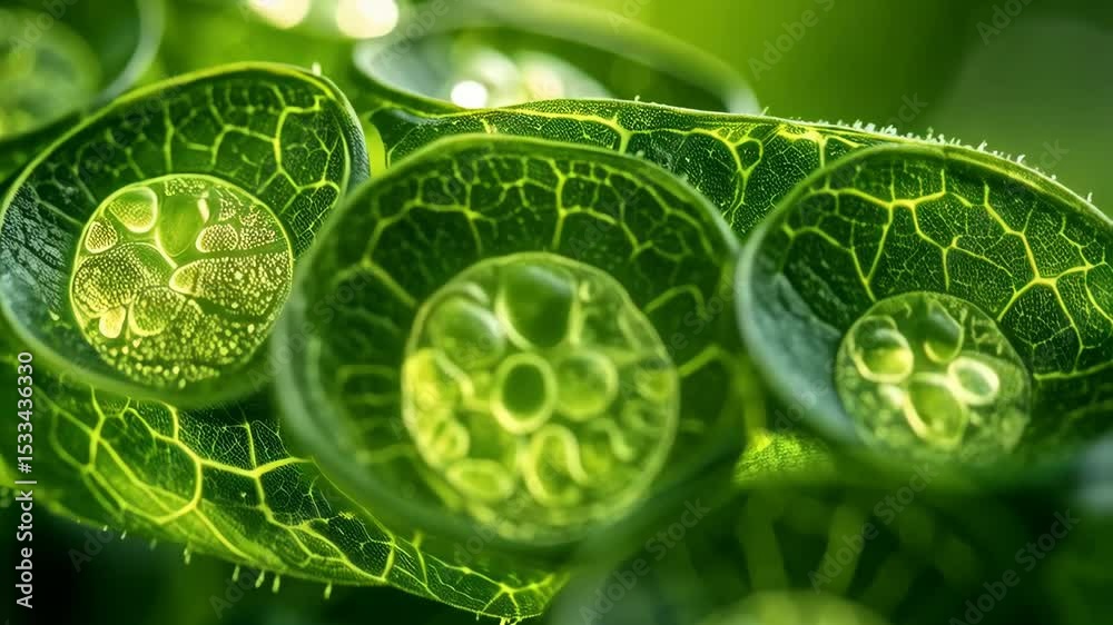 Leaf with multiple transparent spherical water droplets creating intricate patterns in bright green environment