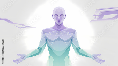 Fourth-Dimensional Being in Abstract Space with Shifting Geometric Patterns and Pastel Colors in a White Void