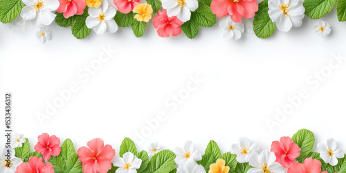 Spring flowers border with vibrant pink, white, and yellow blossoms and fresh green leaves on clean white background