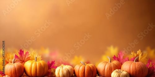 Warm autumn harvest with small pumpkins and colorful fall leaves creating cozy seasonal atmosphere in soft light