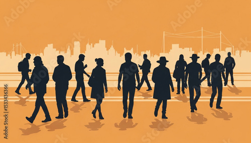 Cityscape Silhouette with Pedestrians Walking | Diverse Group of People in Urban Setting for Business, Lifestyle, and Social Themes photo
