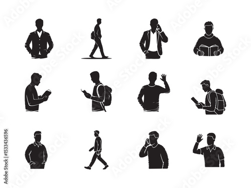 Diverse Male Silhouettes Depicting Daily Activities, a collection of diverse male silhouettes, capturing various everyday activities vector art on white