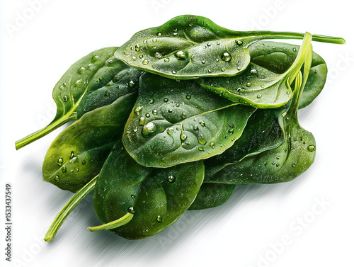Freshly picked spinach, leaves still covered in dew, randomly arranged on a bright white background without shadows, ai generated images.