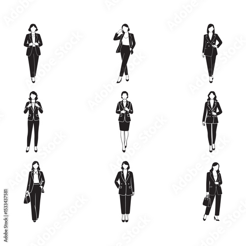 Nine Businesswomen in Professional Suits, Various Poses, nine black and white silhouettes of women in professional business suits, showcasing different stances and postures vector art on white