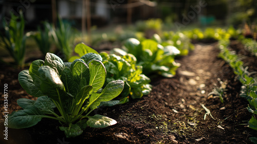 lush organic vegetable garden with various types of plants such as spinach, lettuce, mustard greens, and tomatoes, growing well in loose black soil beds, ai generated images.
