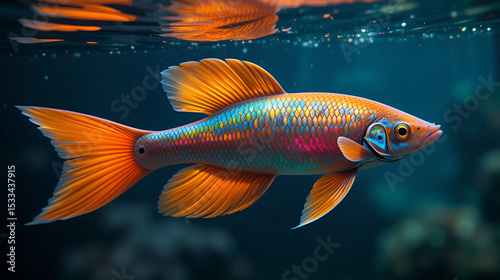 A vibrant aquatic creature, swimming gracefully beneath the surface, exhibiting iridescent scales and a radiant orange tail fin.