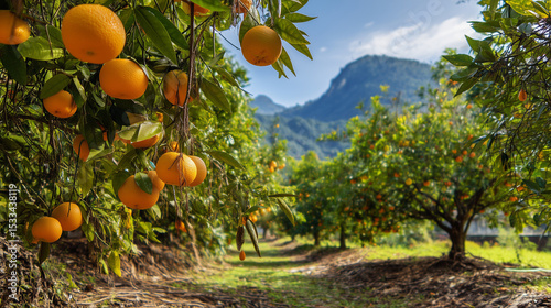 Orange grove at the foot of the mountain with large orange trees bearing many fruits, wide view with green mountains in the background, ai generated images.