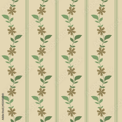 Green Moss Country Floral with Stripes