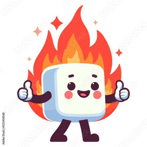 cheerful marshmallow character engulfed in flames,giving thumbs up for topics on roasting marshmallows,summer treats,or humorous food-related content.