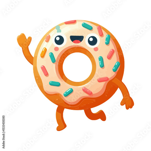 cheerful donut character with frosting and sprinkles, waving. Websites/blogs can use this for food-related content, dessert themes, or playful designs.