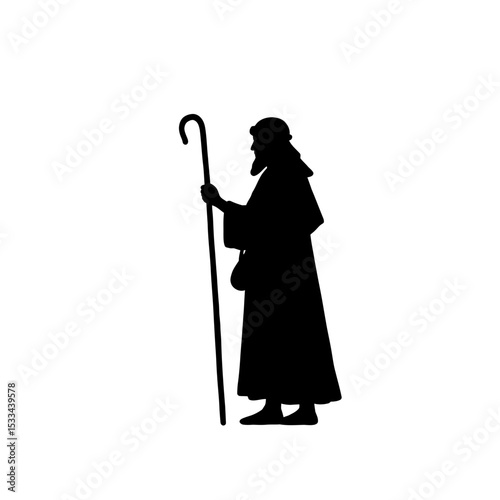 Silhouette of a shepherd with a staff in black