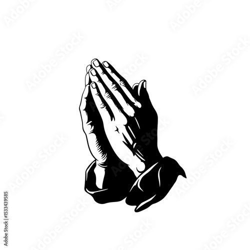 Praying hands depicted in black and white graphic silhouette