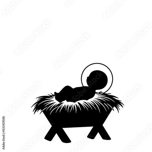 Silhouette of baby jesus in manger with halo above