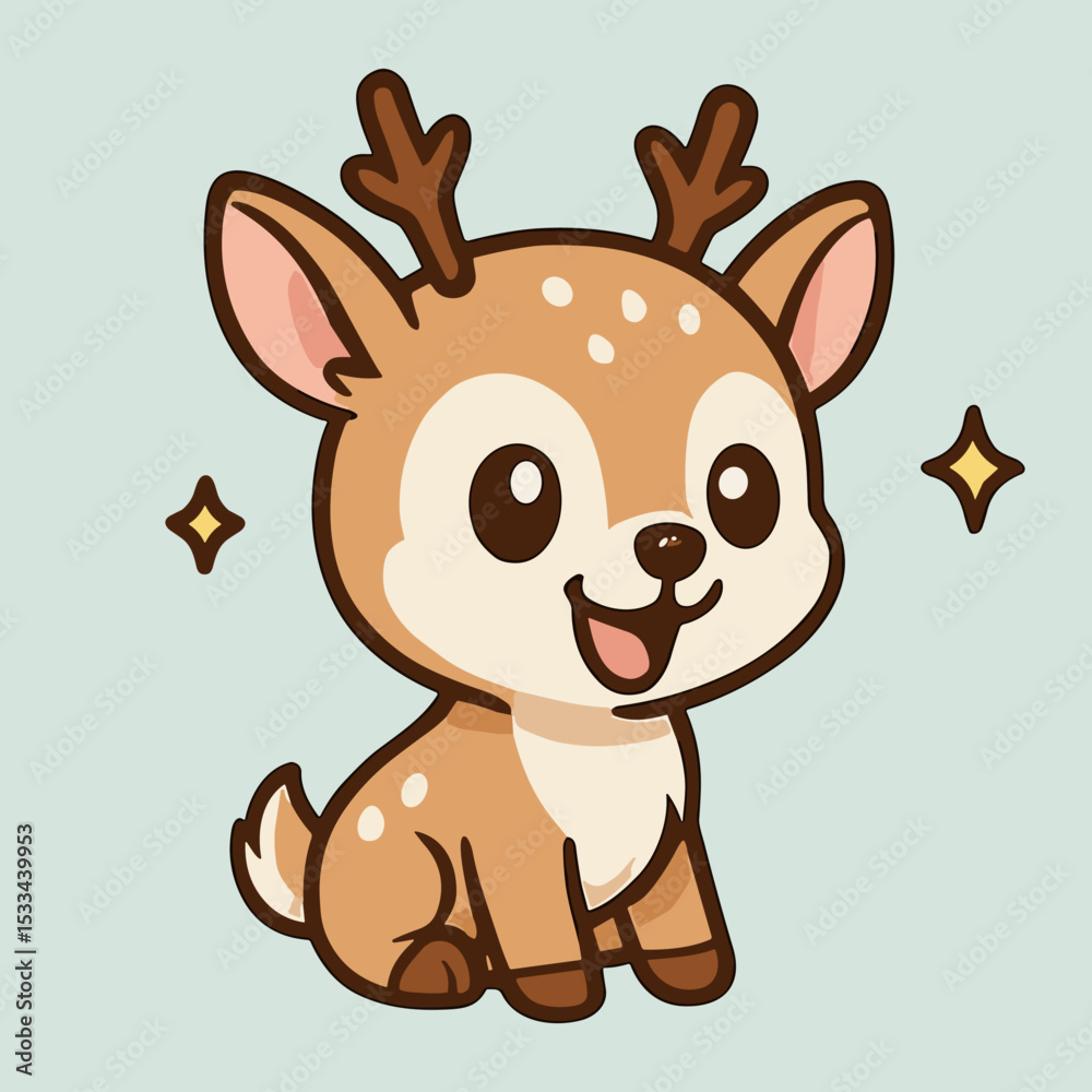 Fototapeta premium Deer Smiling cartoon reindeer sits with sparkles
