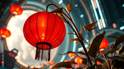 A close-up of a red Chinese lantern plant in a Hanging Red Chinese Lanterns and Celebrating Festive Season,