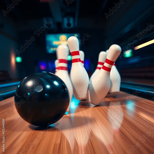 Bowling ball strikes pins on a wooden lane, fastpaced action shot, blurred background, dynamic movement, highdefinition detail, dramatic lighting photo