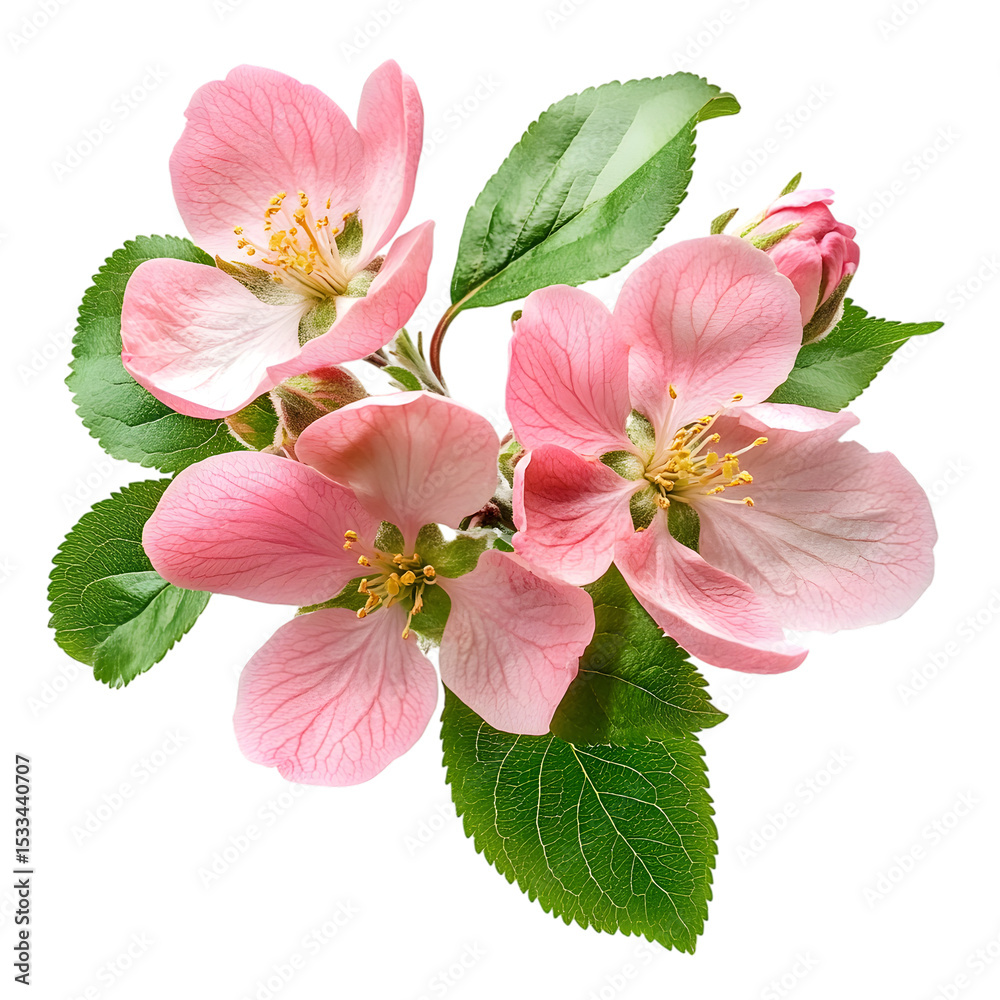 Obraz premium Delicate apple blossoms displaying pink petals and green leaves against a botanical floral beauty isolated on white transparent background PNG cutout 
