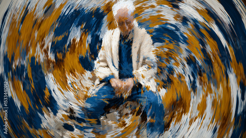 Abstract emotional painting with swirling colors and a seated figure.
Expressive brushstrokes convey introspection and dynamic movement.