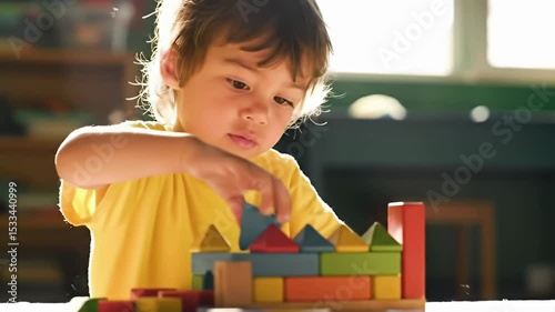 Young boy concentrating on stacking colorful wooden blocks in indoor play area with natural lighting
