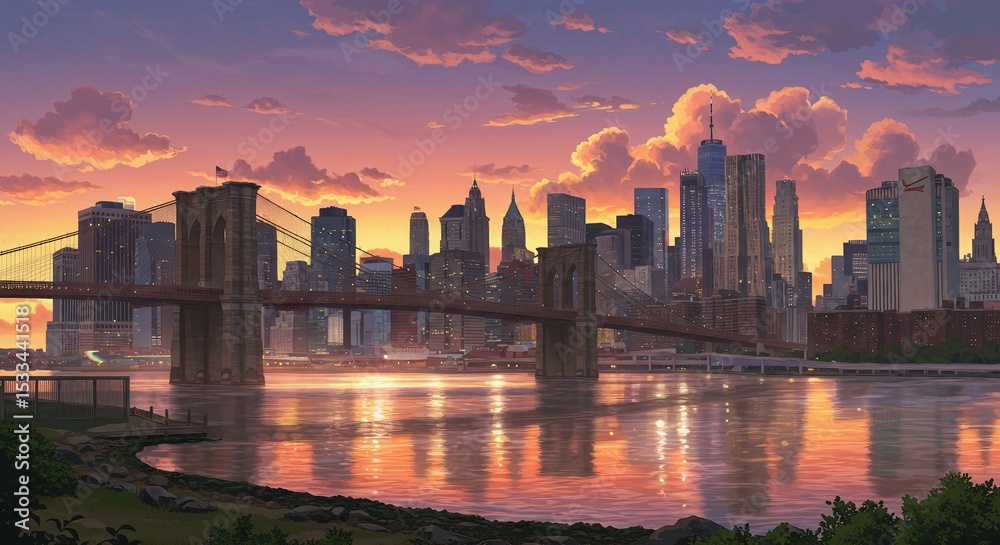 Fototapeta premium Dramatic New York City Dusk with Iconic Bridge - Anime Art