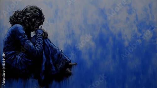 Expressionistic blue painting of abstract female figure in solitude.
Curled silhouette evokes introspection and emotional depth.
