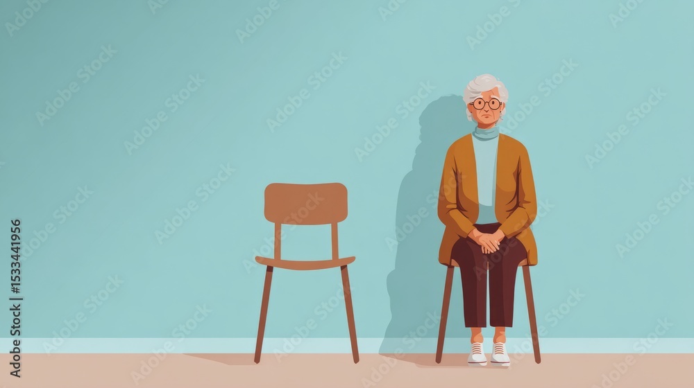Fototapeta premium dementia, rates, aging, alzheimer, cognitive, woman, confused, expression, alone, sunlit, room, empty, chair, memory, loss, soft, warm, elderly, senior, sadness, isolation, loneliness, mental, health,