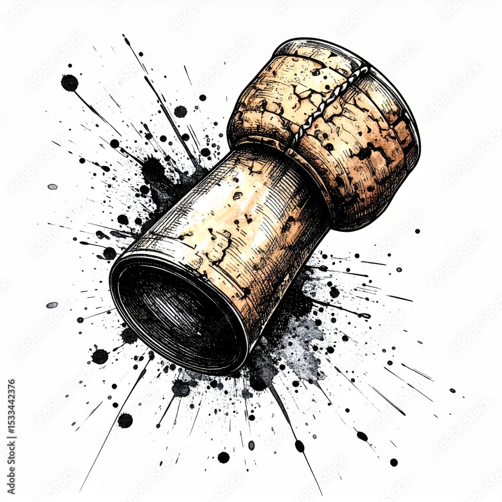 Fototapeta premium Champagne Cork Pop Sketch with Ink Splatter on White