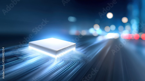Glowing microchip hovers over blurred circuit board, symbolizing advanced technology and innovation in futuristic setting. scene conveys speed and connectivity