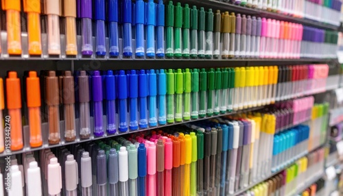 Colorful pens in rows on shelves