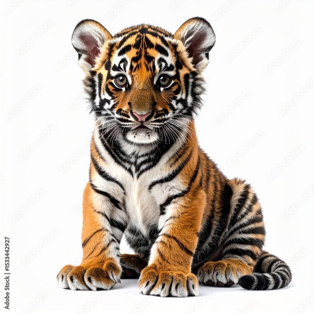 Obraz premium Adorable Tiger Cub Sitting on White Background