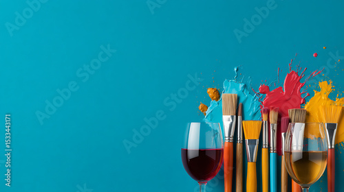 Fototapeta Naklejka Na Ścianę i Meble -  Art and wine night banner with paintbrushes, wine glasses, and creative splashes of color, ready to advertise summer sip and paint deals. 79467845 1