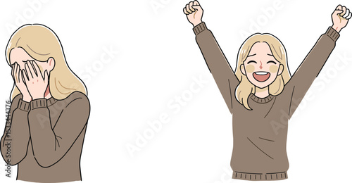Young woman showing emotional contrast, happy and sad expressions, female character celebrating and crying, hands covering face, joyful moment, emotion change, expressive illustration for concepts