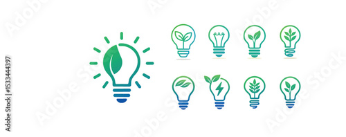 Set of Eco Light Bulb Icons – Sustainable Energy, Green Technology, and Renewable Power Symbols