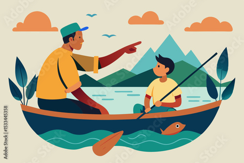 Man and boy fishing in a boat, enjoying a lake view, for family bonding illustrations