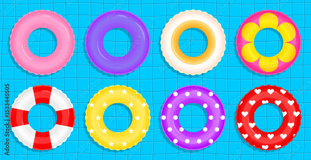 Set of 8 round swimming rings with minimal and fun patterns. Includes plain, transparent, heart, star, dot, and flower designs.