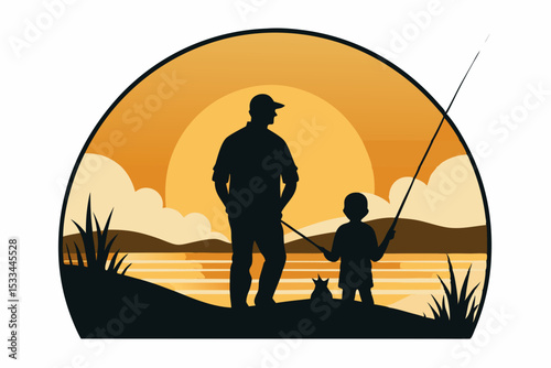 Father and son fishing at sunset, a heartwarming family moment, for Father's Day cards