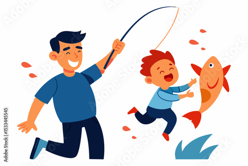 Happy father and son fishing together, with copy space
