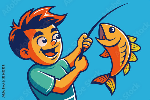 Happy boy catching fish, a joyful illustration for kids books