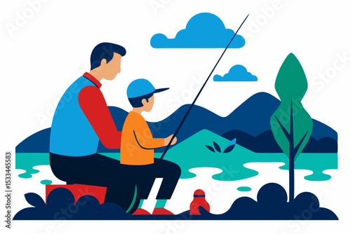 Father and son fishing by the lake, a bonding experience, for family blogs