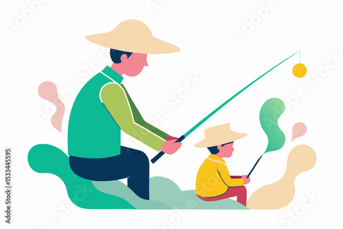 Father and son fishing together, a summer pastime, with copy space