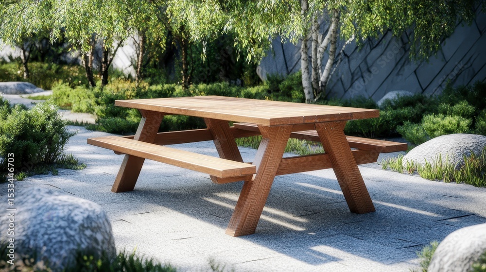 Obraz premium Wooden picnic table outdoors in a garden setting.