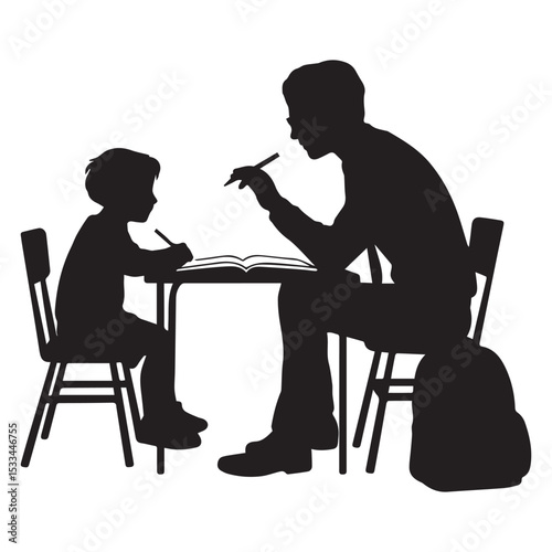 "Silhouette of a Tutor Teaching a Child – Education and Learning Concept Vector Illustration"