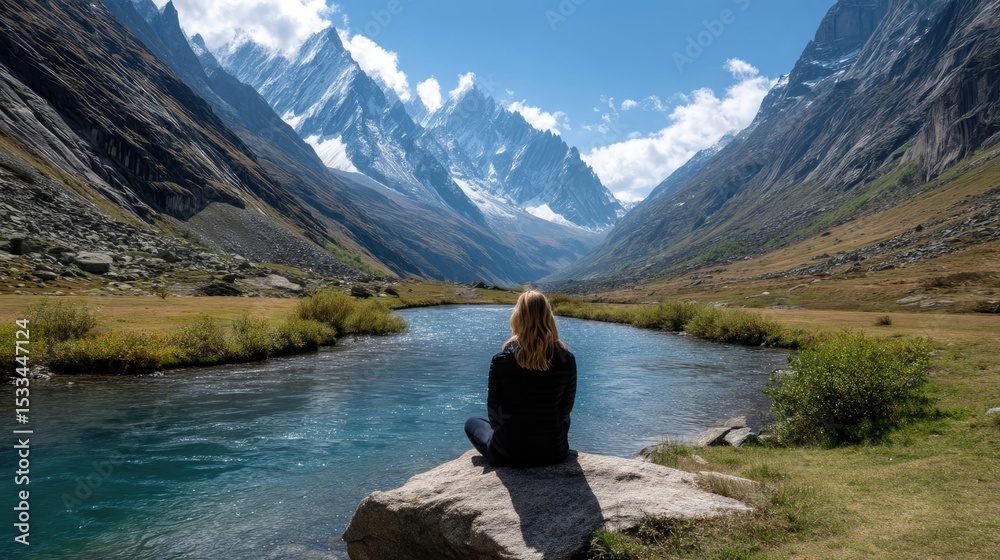 Fototapeta premium Nature escape through therapy with serenity and peace concept. A serene woman reflects by a tranquil mountain river landscape.