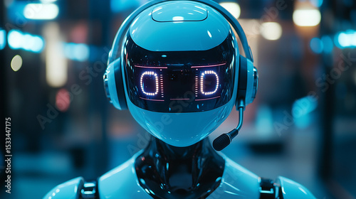 Medium shot of a female humanoid robot call center agent wearing a headset with one microphone